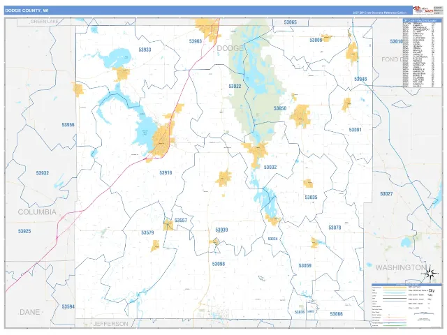 Dodge County, WI ZIP Code Wall Map, Business Reference style