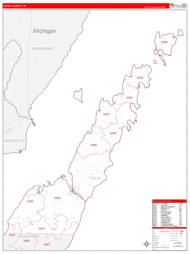 Door County, WI ZIP Code Wall Map, RedLine style