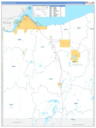 Douglas County, WI Business Reference style ZIP Code wall map