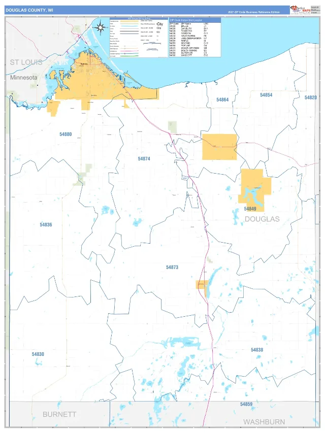 Douglas County, WI ZIP Code Wall Map, Business Reference style