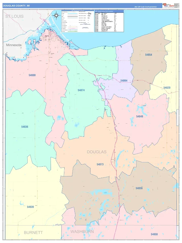 Douglas County, WI ZIP Code Wall Map, ColorCast style