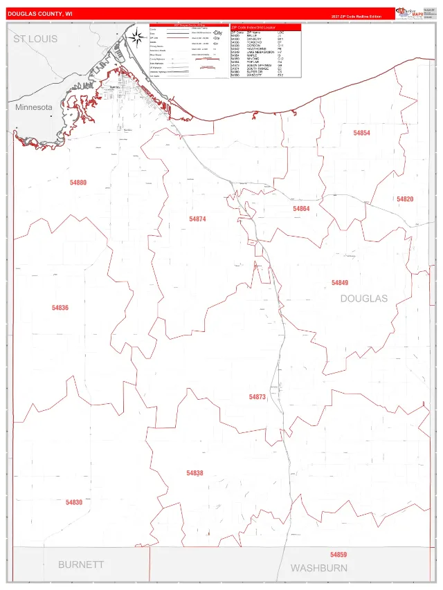 Douglas County, WI ZIP Code Wall Map, RedLine style