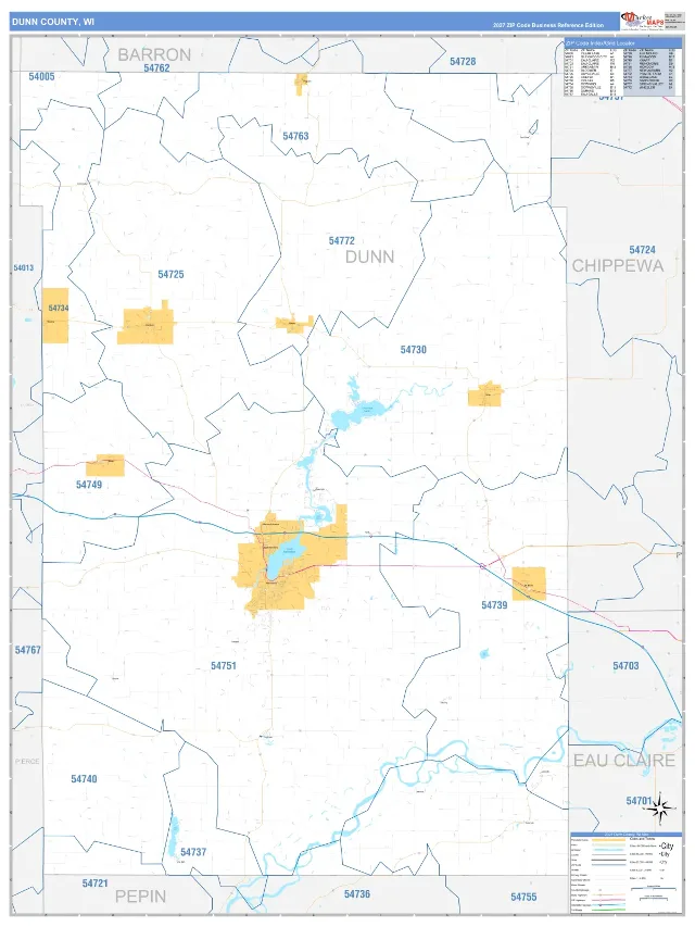 Dunn County, WI ZIP Code Wall Map, Business Reference style