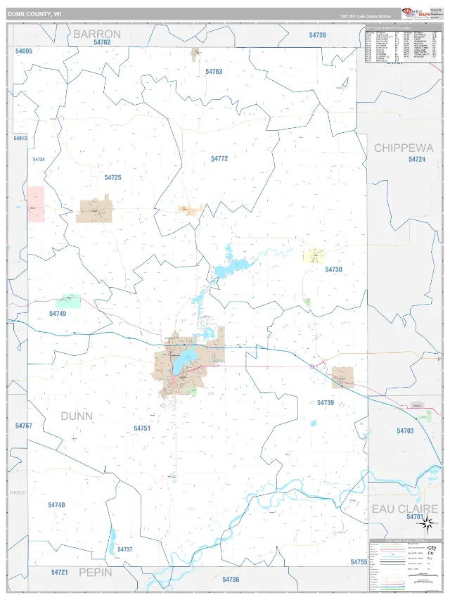 Dunn County, WI ZIP Code Wall Map, Classic style