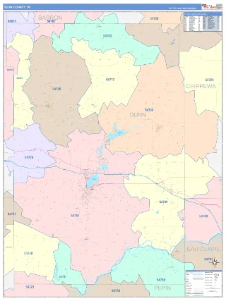 Dunn County, WI ColorCast style ZIP Code wall map