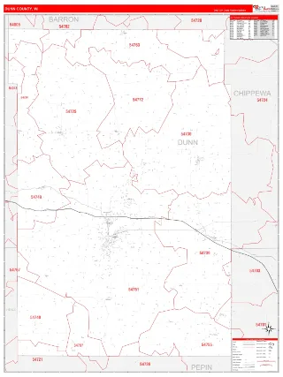 Dunn County, WI RedLine style ZIP Code wall map