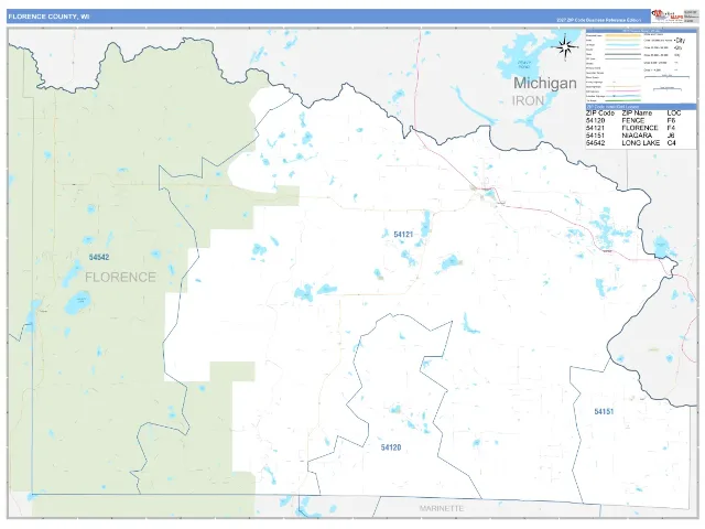 Florence County, WI ZIP Code Wall Map, Business Reference style