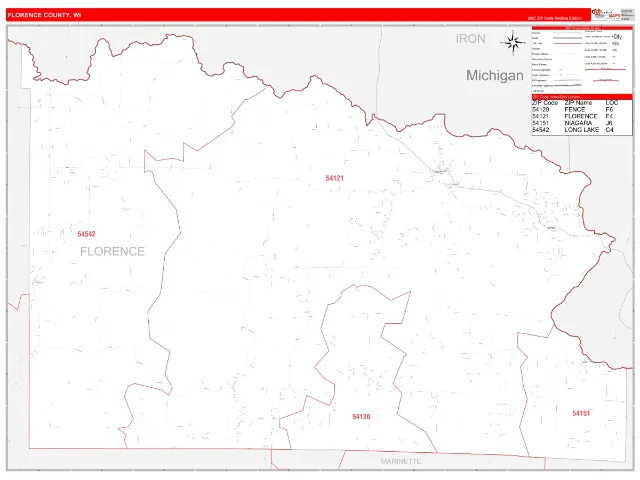 Florence County, WI ZIP Code Wall Map, RedLine style