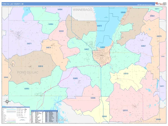 Fond du Lac County, WI ZIP Code Wall Map, ColorCast style