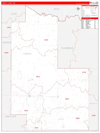 Forest County, WI RedLine style ZIP Code wall map
