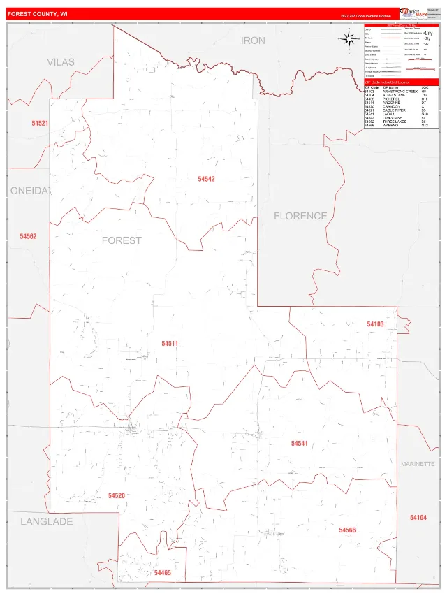 Forest County, WI ZIP Code Wall Map, RedLine style
