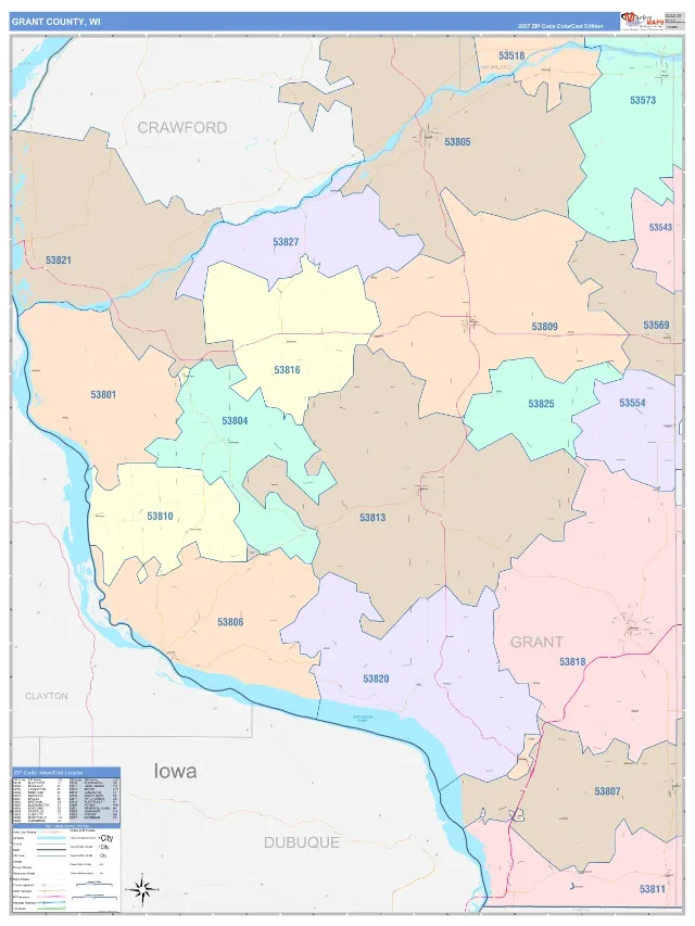Grant County, WI ZIP Code Wall Map, ColorCast style