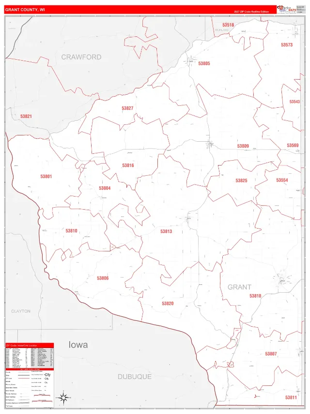 Grant County, WI ZIP Code Wall Map, RedLine style