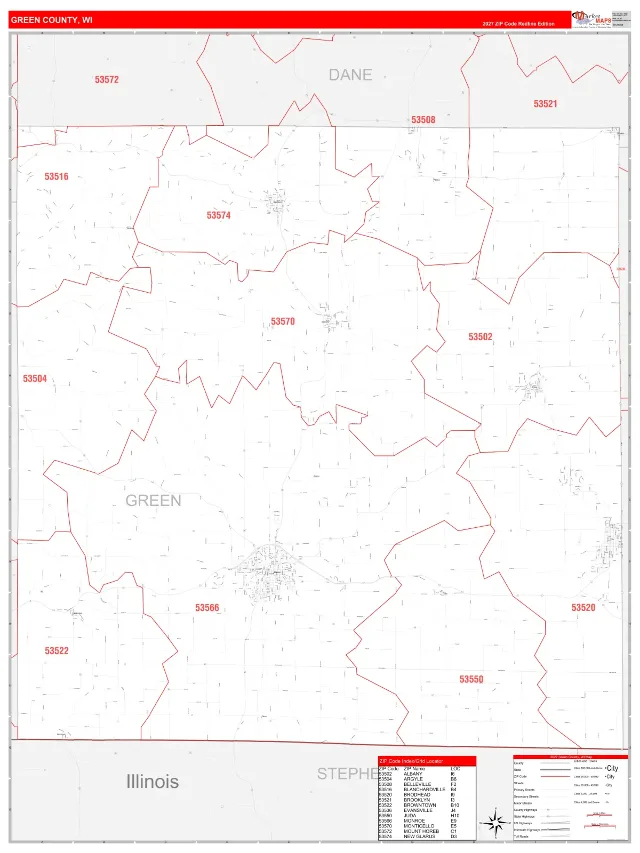Green County, WI ZIP Code Wall Map, RedLine style