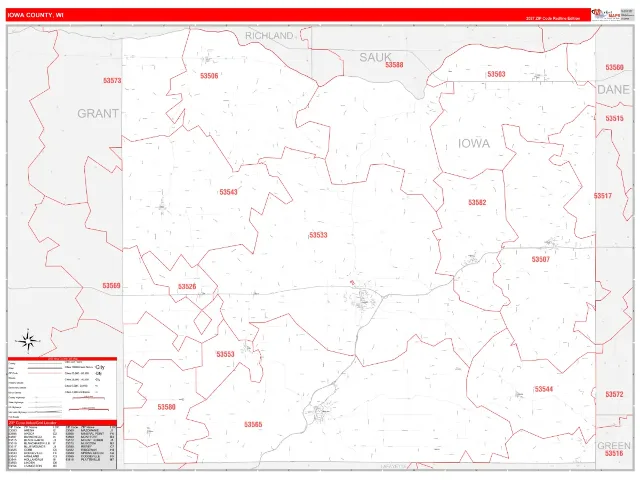 Iowa County, WI ZIP Code Wall Map, RedLine style