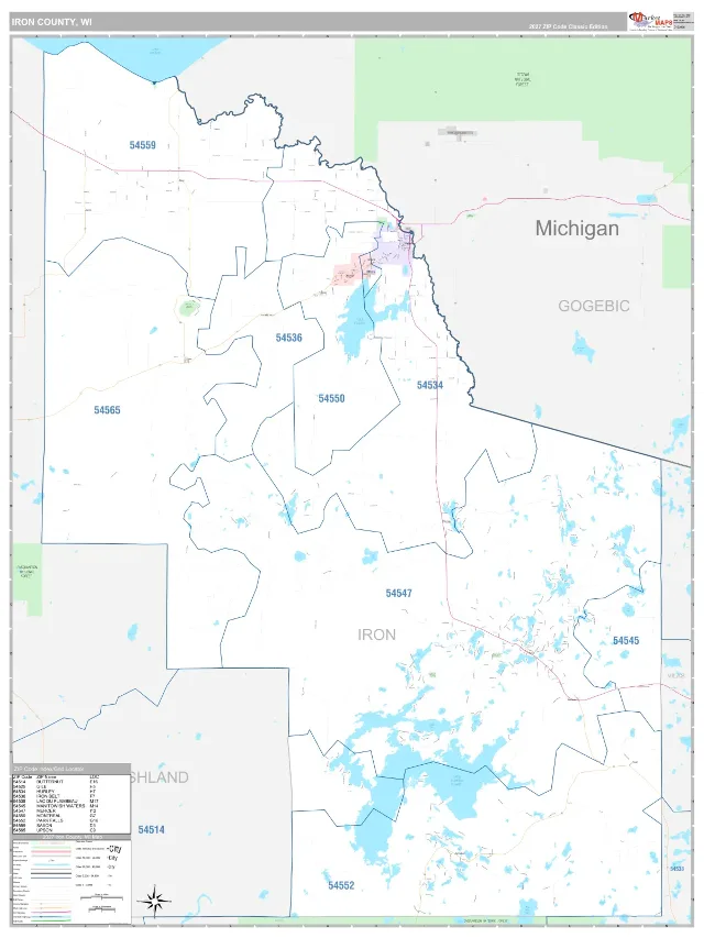 Iron County, WI ZIP Code Wall Map, Classic style
