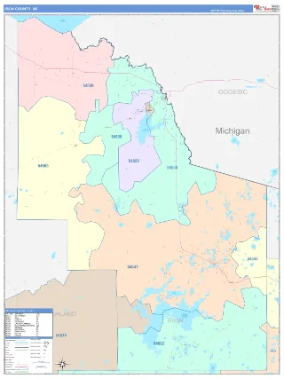 Iron County, WI ColorCast style ZIP Code wall map