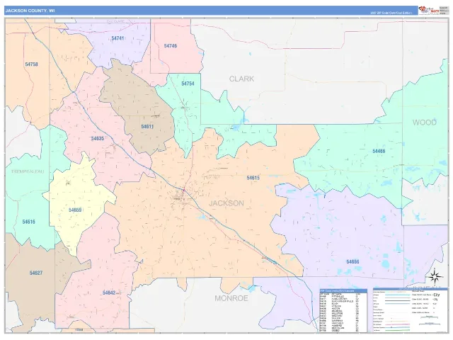 Jackson County, WI ZIP Code Wall Map, ColorCast style
