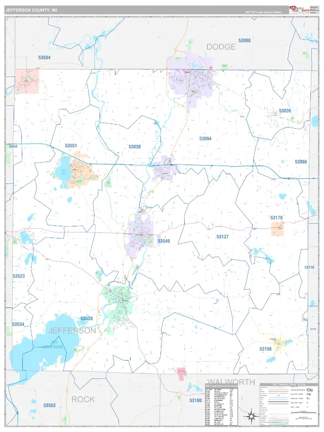 Jefferson County, WI ZIP Code Wall Map, Classic style