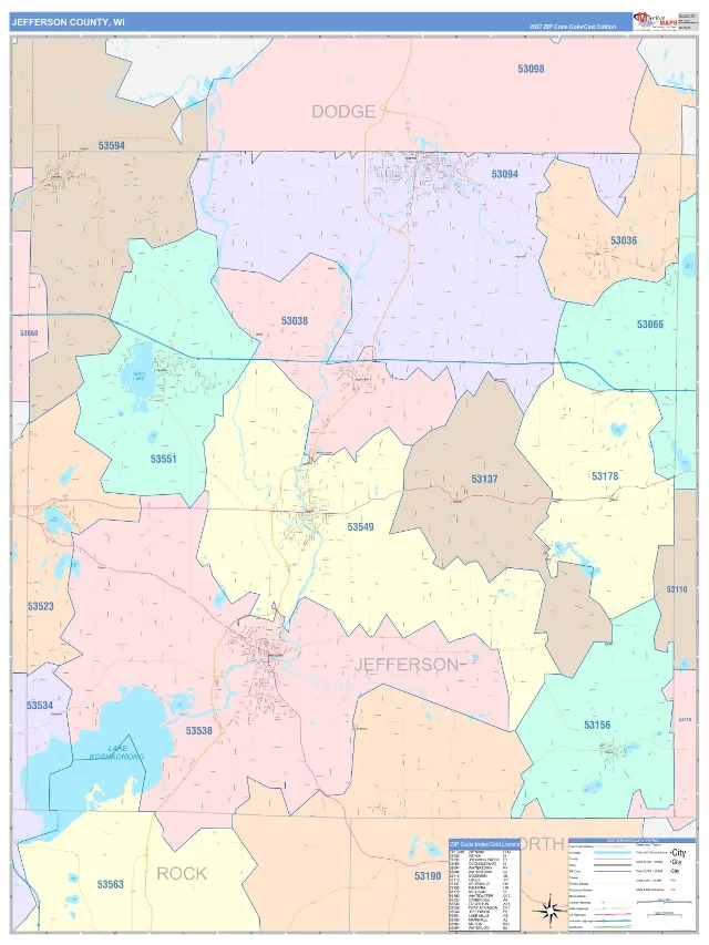 Jefferson County, WI ZIP Code Wall Map, ColorCast style