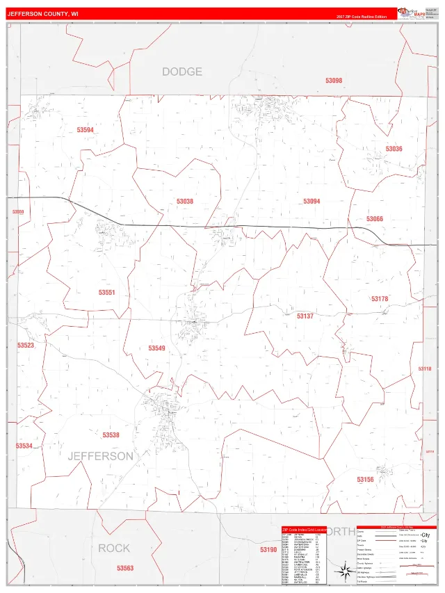 Jefferson County, WI ZIP Code Wall Map, RedLine style