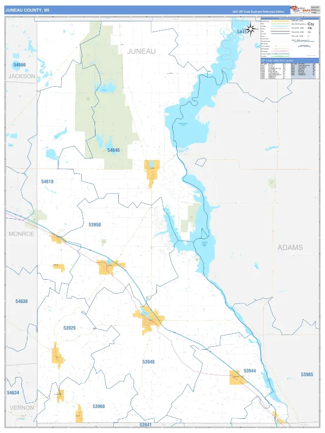 Juneau County, WI ZIP Code Wall Map, Business Reference style