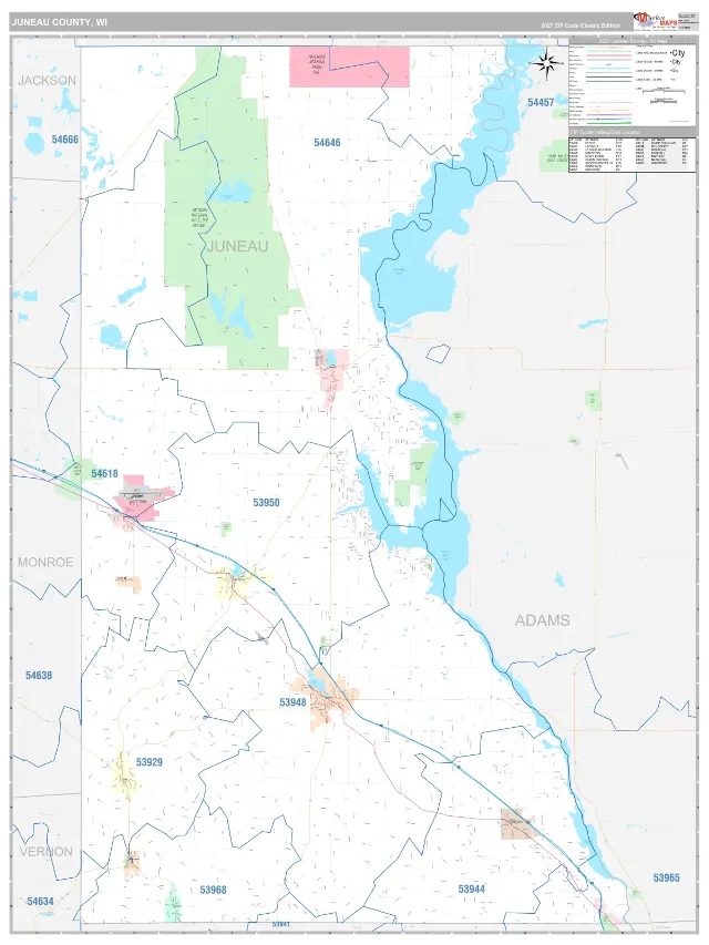 Juneau County, WI ZIP Code Wall Map, Classic style