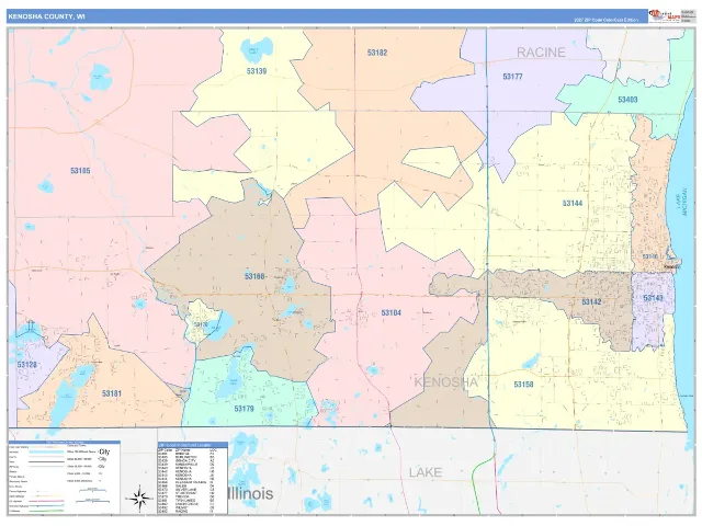 Kenosha County, WI ZIP Code Wall Map, ColorCast style