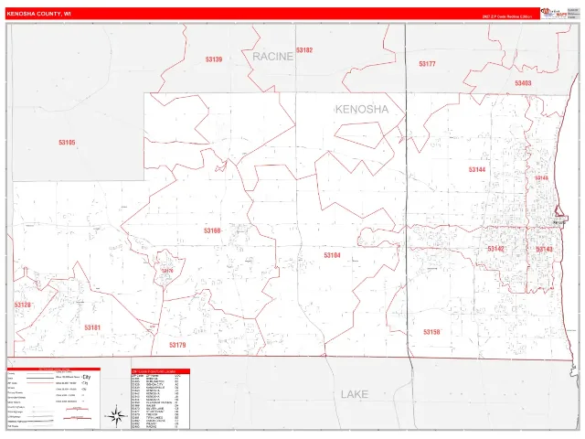Kenosha County, WI ZIP Code Wall Map, RedLine style