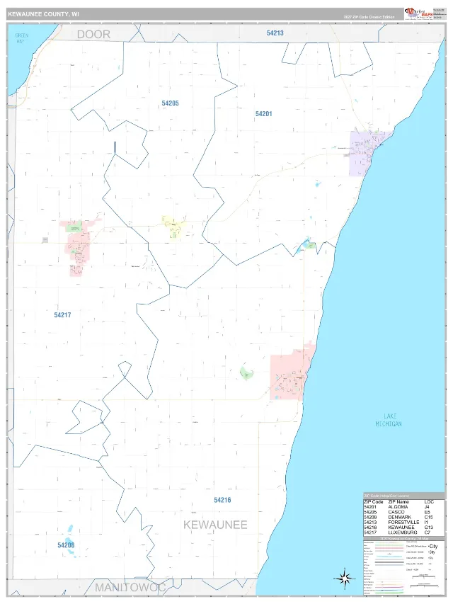 Kewaunee County, WI ZIP Code Wall Map, Classic style