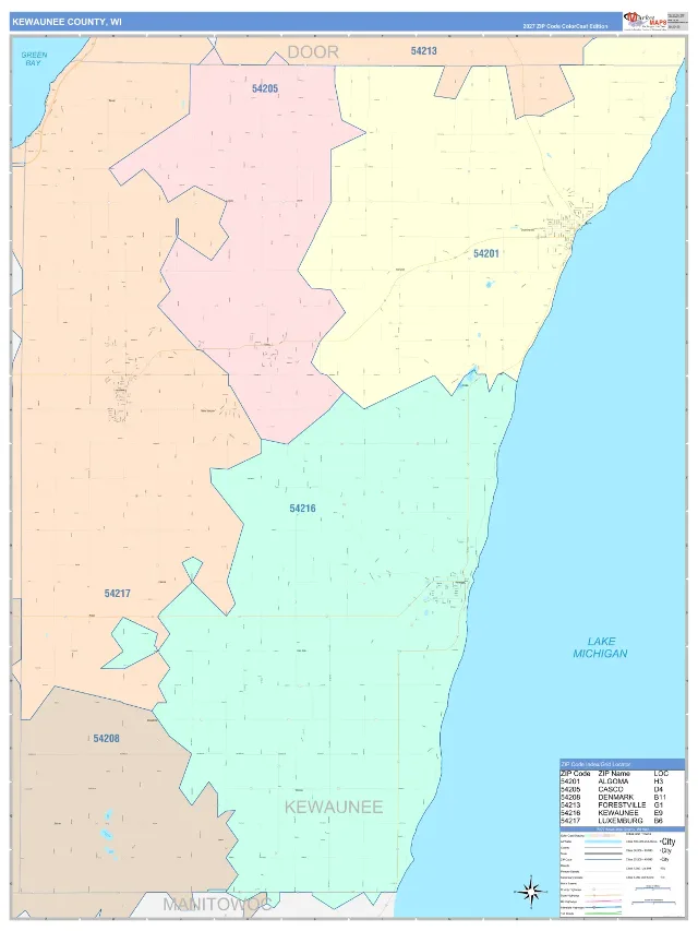 Kewaunee County, WI ZIP Code Wall Map, ColorCast style