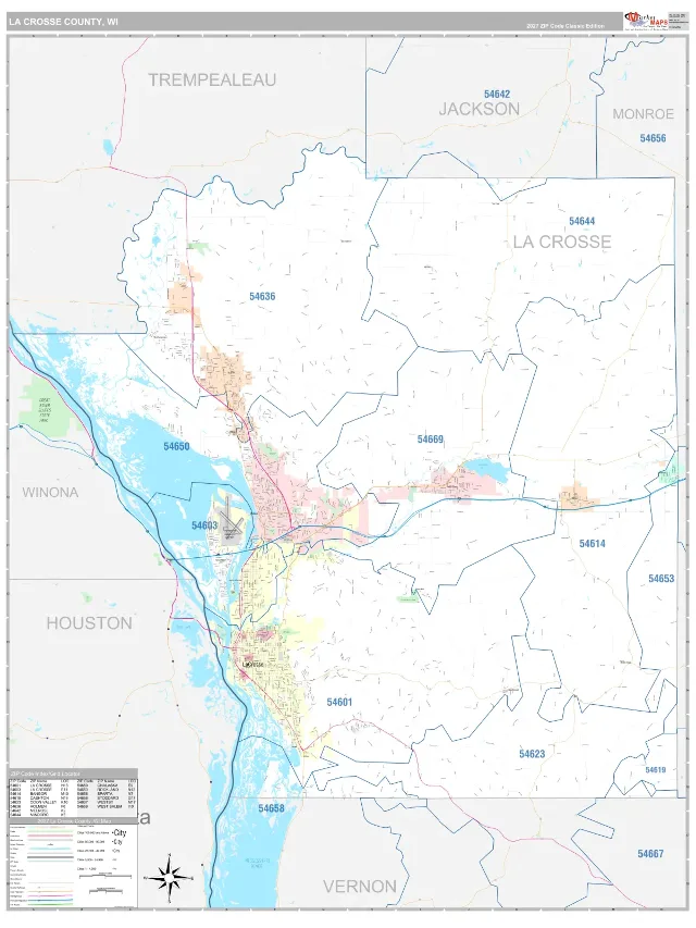 La Crosse County, WI ZIP Code Wall Map, Classic style