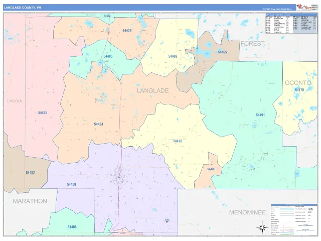 Langlade County, WI ZIP Code Wall Map, ColorCast style