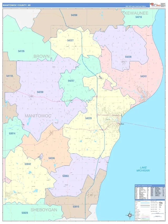 Manitowoc County, WI ZIP Code Wall Map, ColorCast style