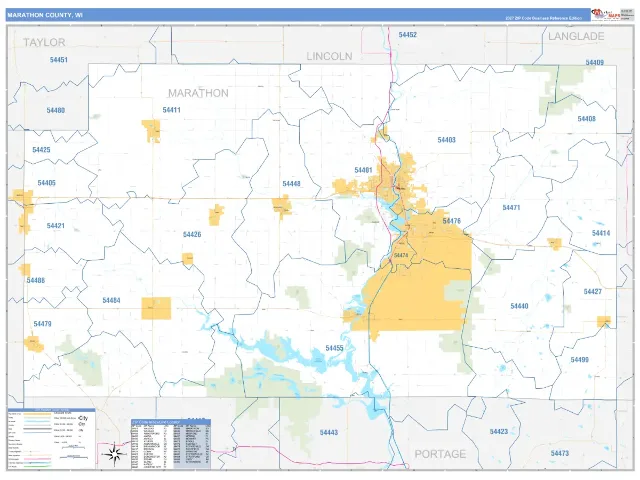 Marathon County, WI ZIP Code Wall Map, Business Reference style