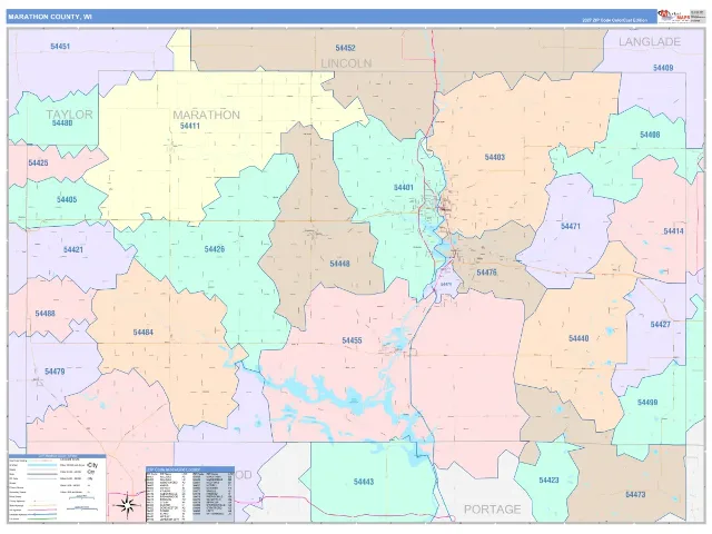 Marathon County, WI ZIP Code Wall Map, ColorCast style