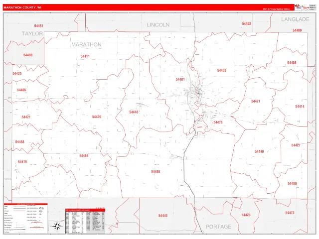 Marathon County, WI ZIP Code Wall Map, RedLine style
