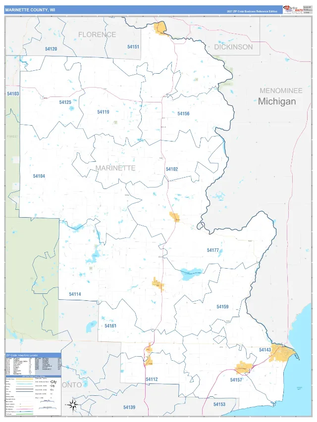 Marinette County, WI ZIP Code Wall Map, Business Reference style
