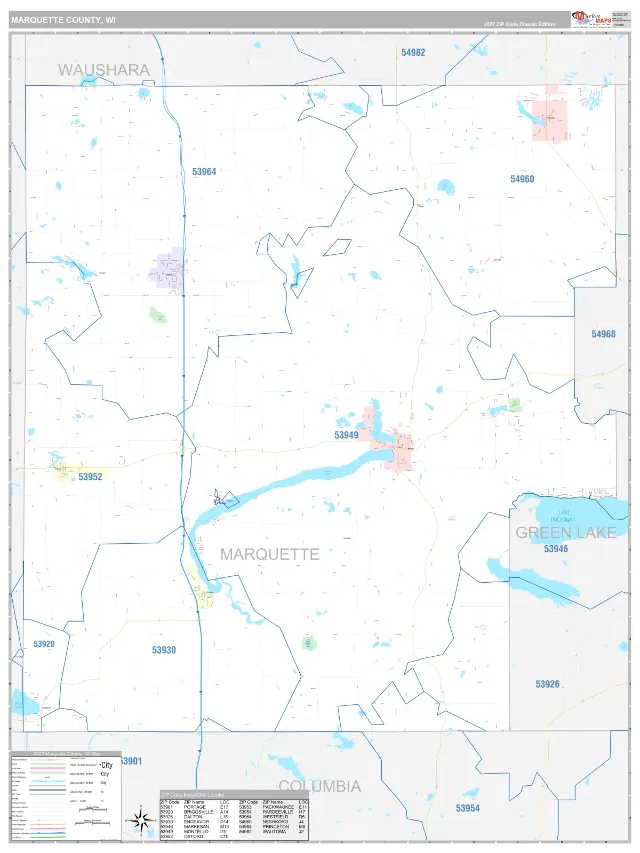 Marquette County, WI ZIP Code Wall Map, Classic style