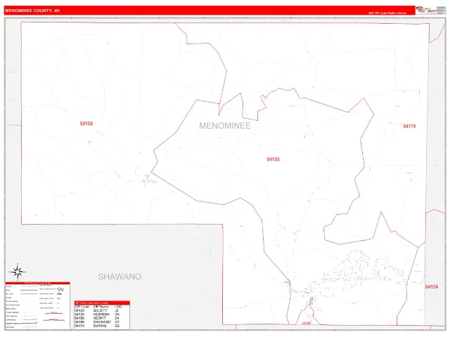 Menominee County, WI ZIP Code Wall Map, RedLine style