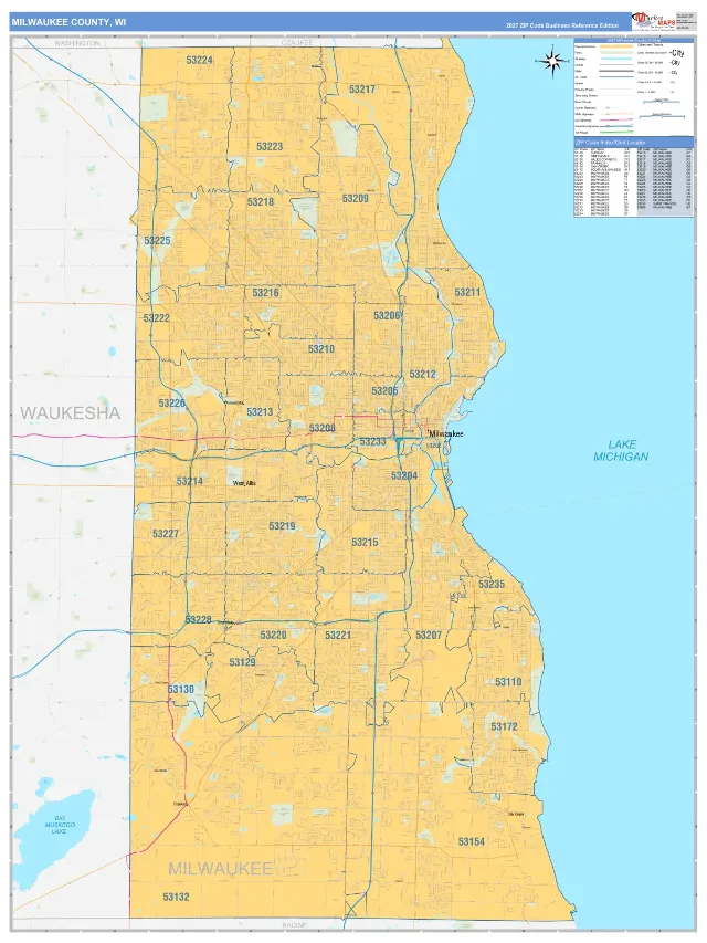Milwaukee County, WI ZIP Code Wall Map, Business Reference style