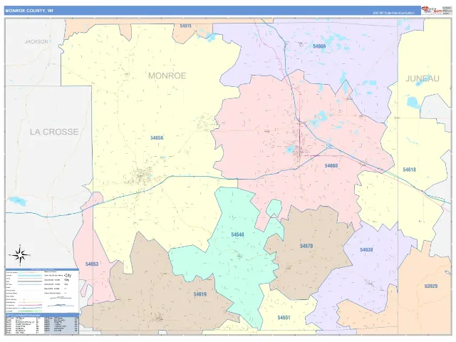 Monroe County, WI ZIP Code Wall Map, ColorCast style