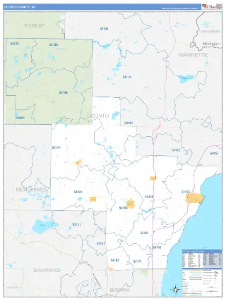 Oconto County, WI Business Reference style ZIP Code wall map