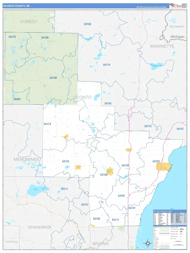 Oconto County, WI ZIP Code Wall Map, Business Reference style