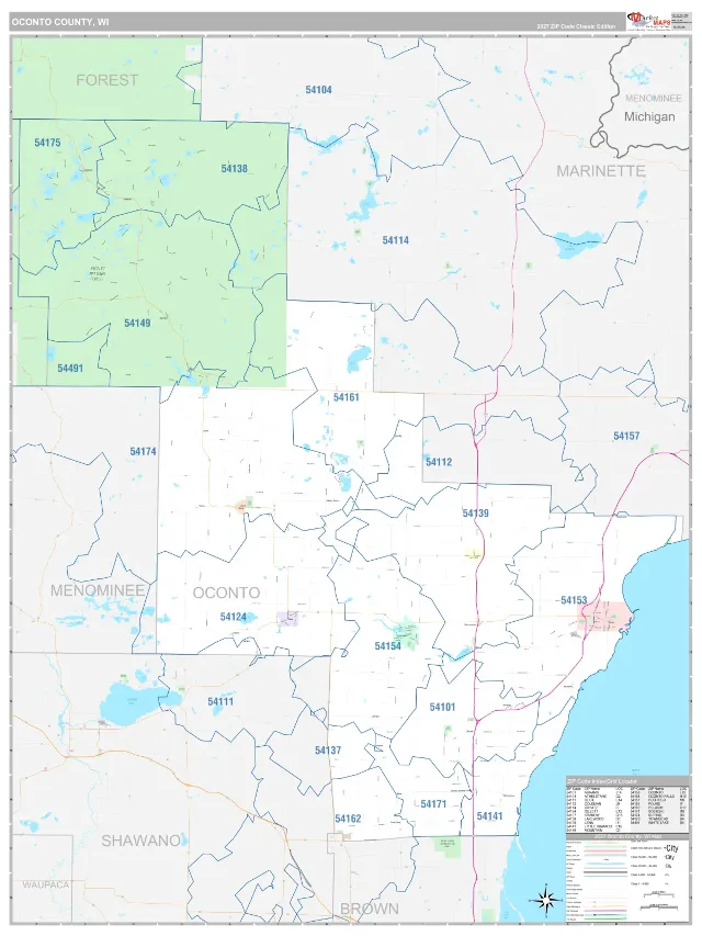 Oconto County, WI ZIP Code Wall Map, Classic style