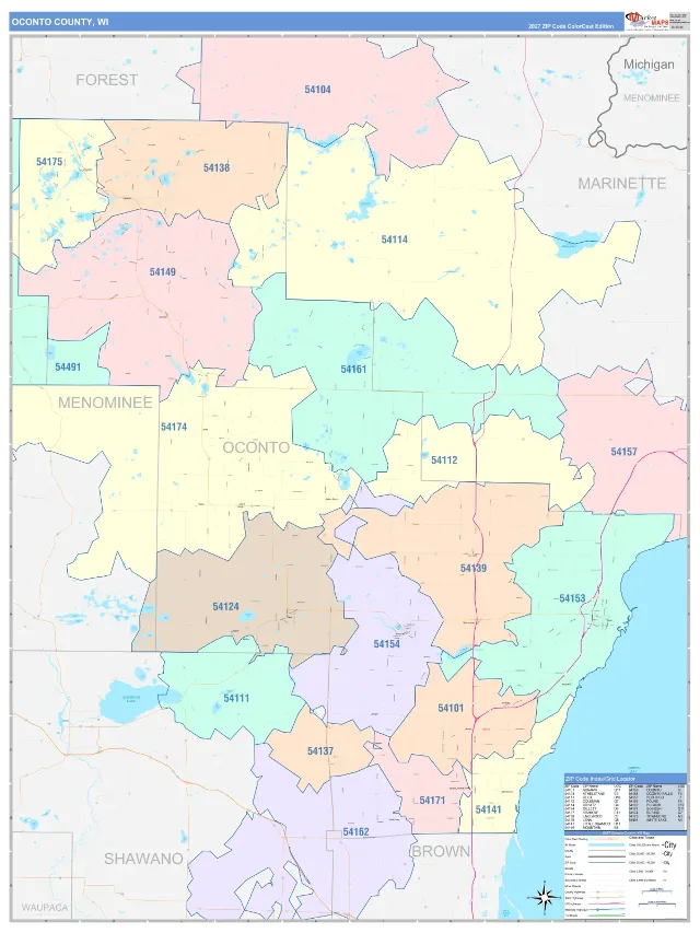 Oconto County, WI ZIP Code Wall Map, ColorCast style