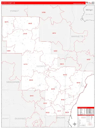 Oconto County, WI RedLine style ZIP Code wall map