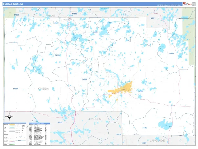 Oneida County, WI ZIP Code Wall Map, Business Reference style