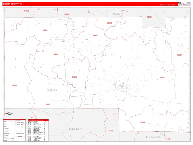 Oneida County, WI ZIP Code Wall Map, RedLine style