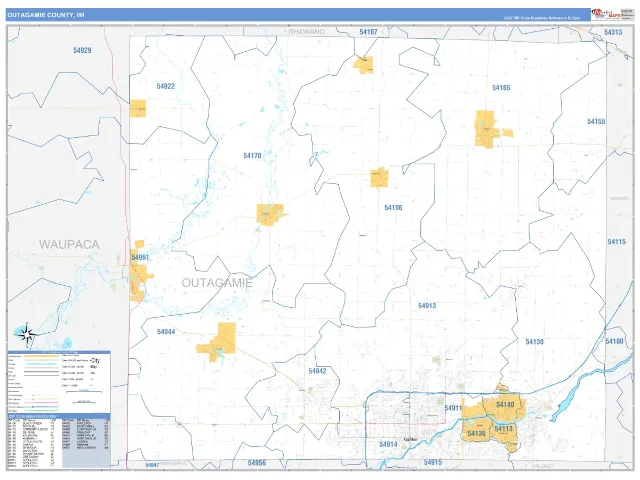 Outagamie County, WI ZIP Code Wall Map, Business Reference style